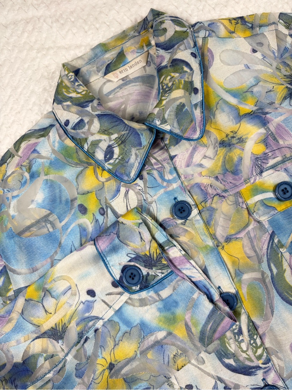 Erin London Blue Purple Yellow Watercolor Floral Burnout Blouse Shacket Size XL